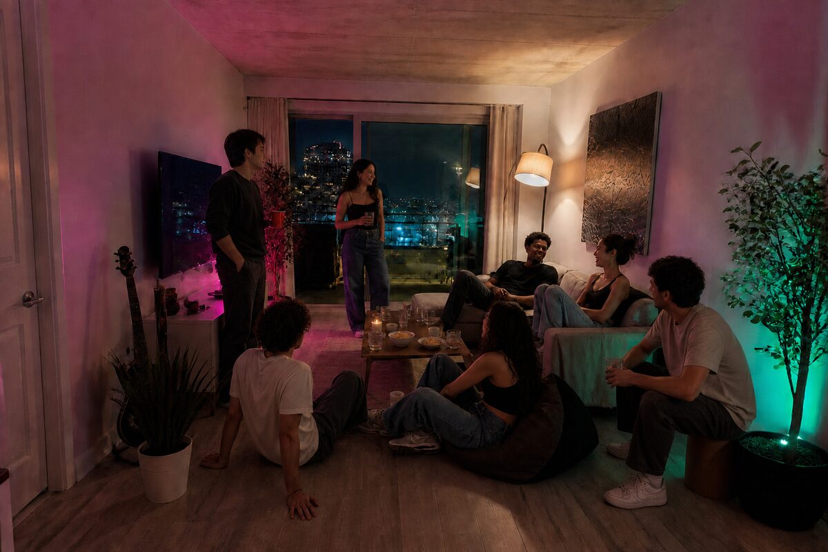 The same apartment after the move: everyone in one circle by the window