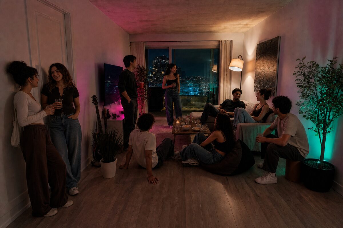 A group of friends in a neon-lit apartment being scanned by FARMED